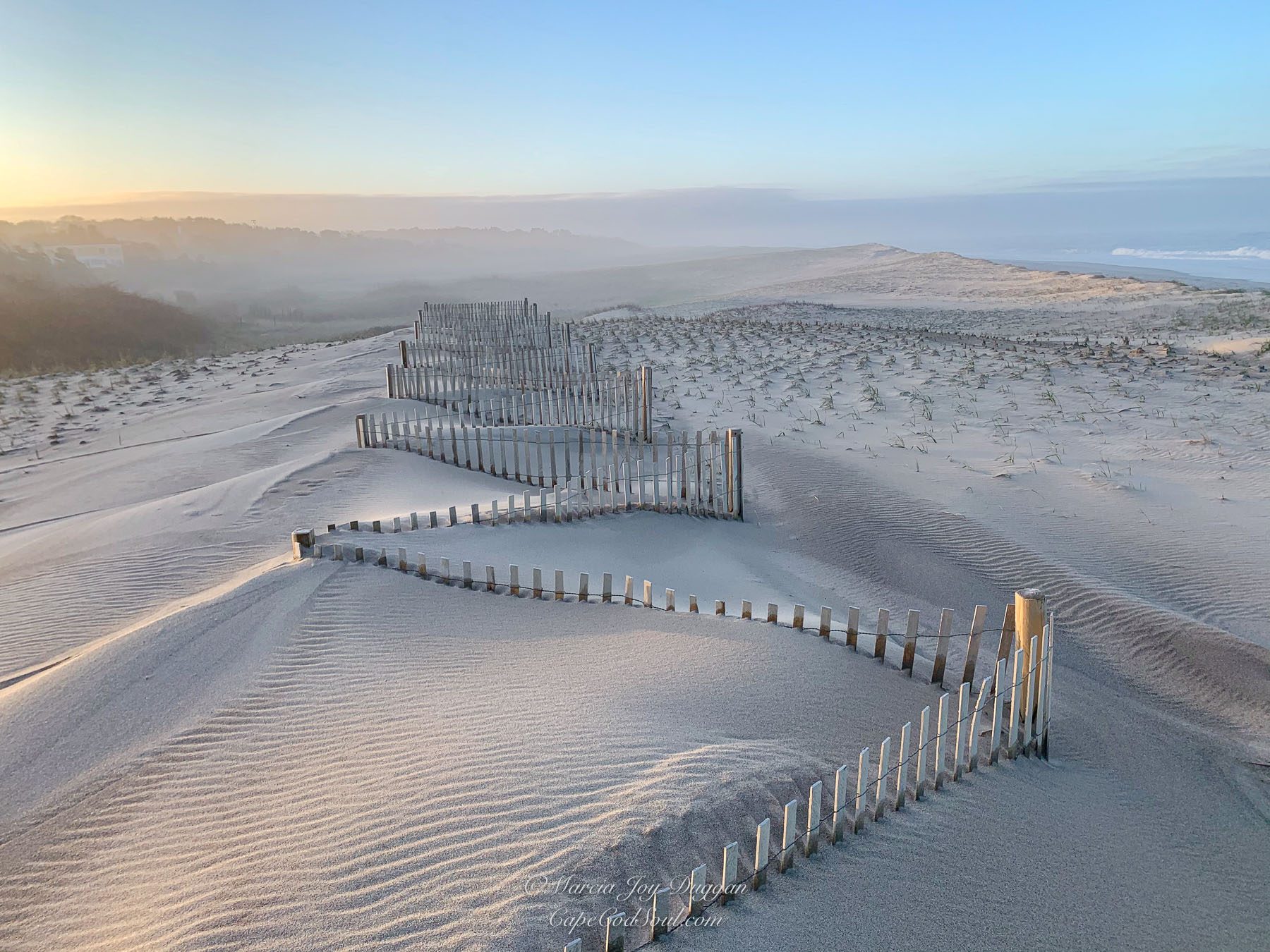 Fog lifting at Nauset Beach with a view of the snow fence on May Day.